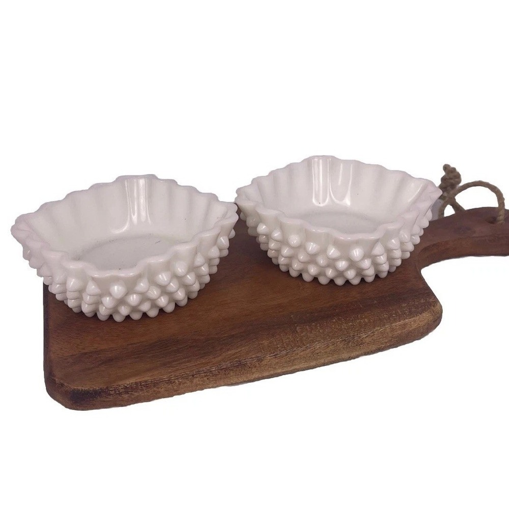 VTG Fenton Hobnail White Ruffled Milk Glass Nut Candy Dishes Set of 2